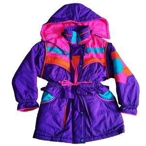 Vintage 90's Color Block Jacket Coat Puffer Parka Removable Hood Girls Size L/6X